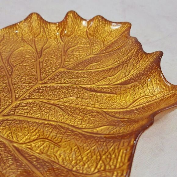 1  Autumn Harvest Leaf Glass Plates Gold Metallic Back - Picture 10 of 10